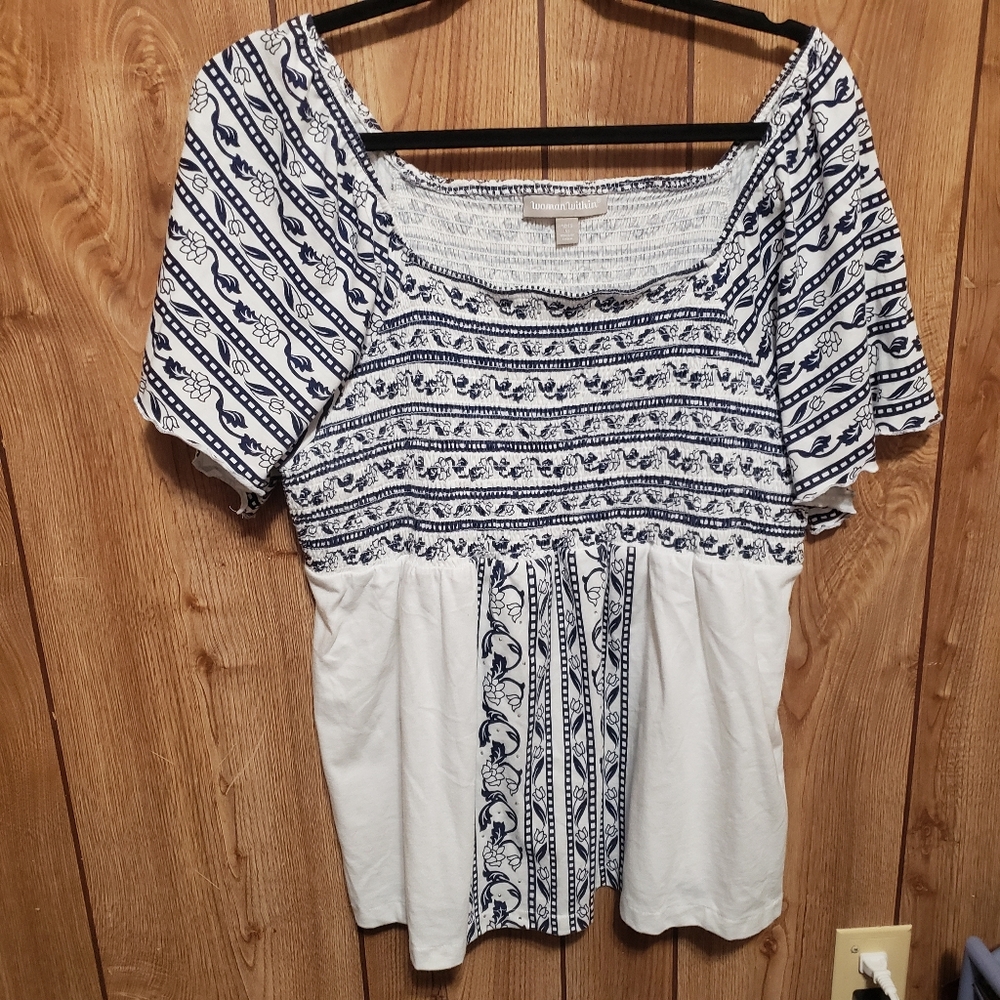 Woman Within 14/16 Off The Shoulder Blouse Smocked Bodice Baby Doll Tunic